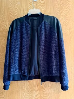Elie Tahari Vintage Blue Black Metallic Tweed Bomber Jacket
